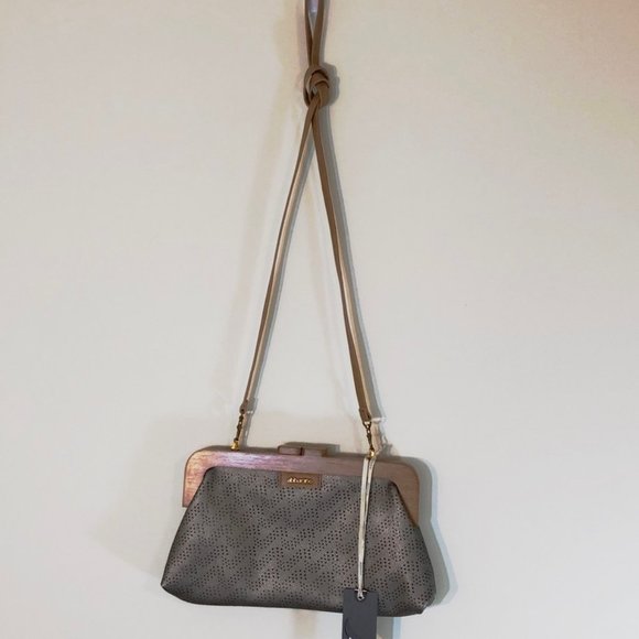 abbacino Handbag Clutch/Shoulderbag Perforated Leather Wood Frame NWT - Picture 1 of 12